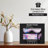 Market Fresh Beauty Mulberry Silk Sleep Set, Pillowcase, Eye Mask and Hair Scrunchie, Silk, Pink, White & Blue