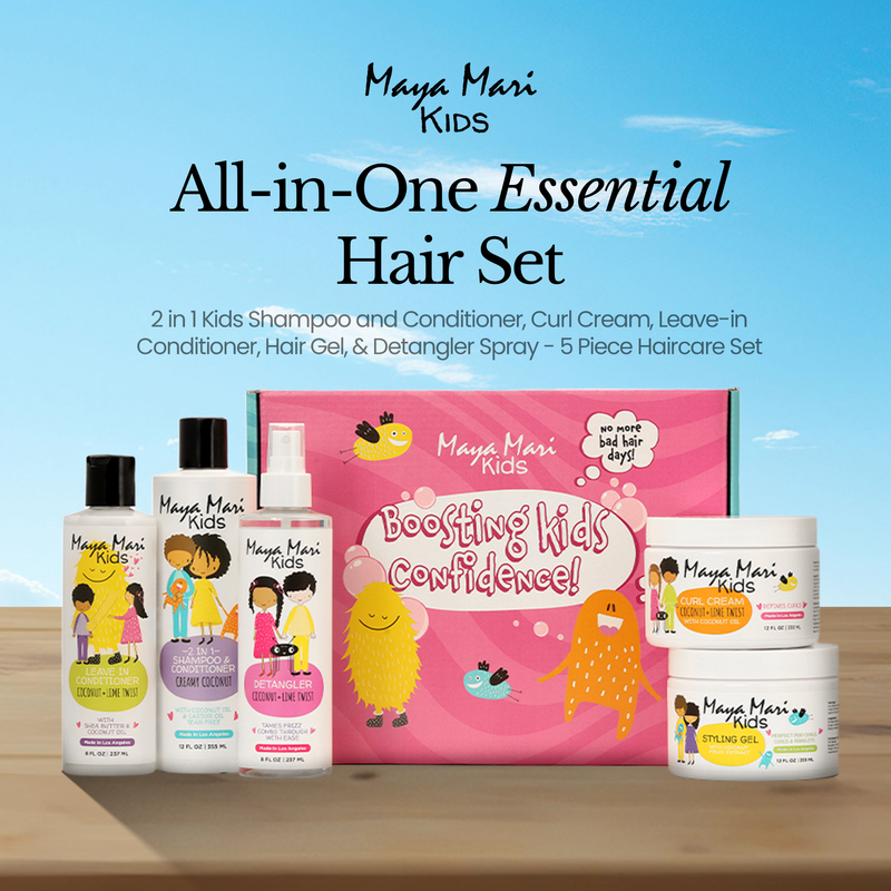 Maya Mari Kids All-in-One Essential Hair Set | 2 in 1 Kids Shampoo and Conditioner, Curl Cream, Leave-in Conditioner, Hair Gel, & Detangler Spray - 5 Piece Set Haircare