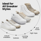 Collection of various sneakers with text indicating suitability for different sneaker styles on a white background.