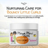 Maya Mari Kids Curl Cream jar with text about nurturing care for bouncy little curls on a light background.