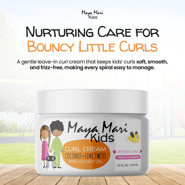 Maya Mari Kids Curl Cream jar with text about nurturing care for bouncy little curls on a light background.