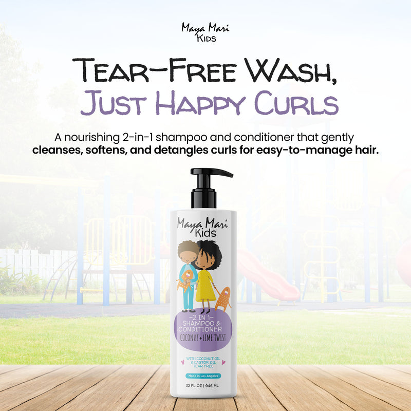 Maya Mari Kids shampoo and conditioner bottle with text on a white background