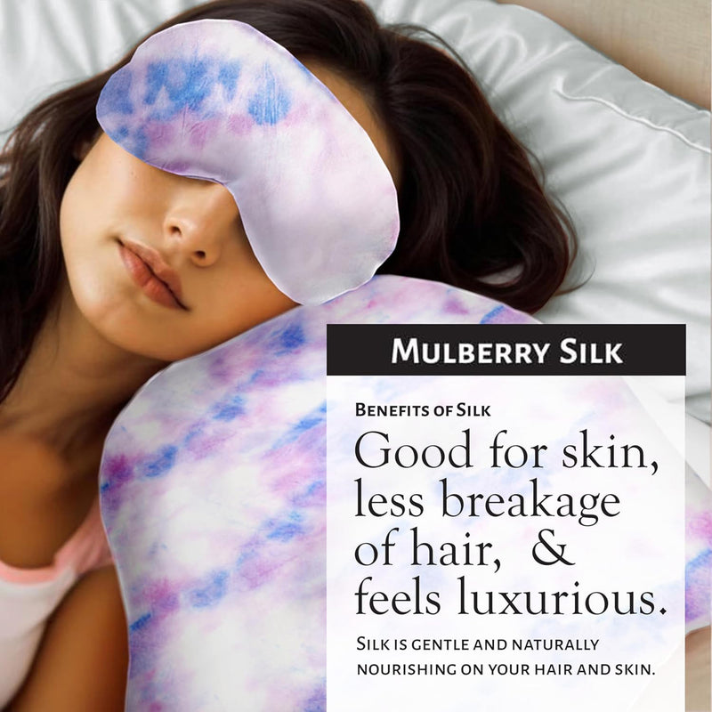 Market Fresh Beauty Mulberry Silk Sleep Set, Pillowcase, Eye Mask and Hair Scrunchie, Silk, Pink, White & Blue