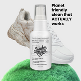 Sneaker cleaning product with a white sneaker and green sponge on a light gray background