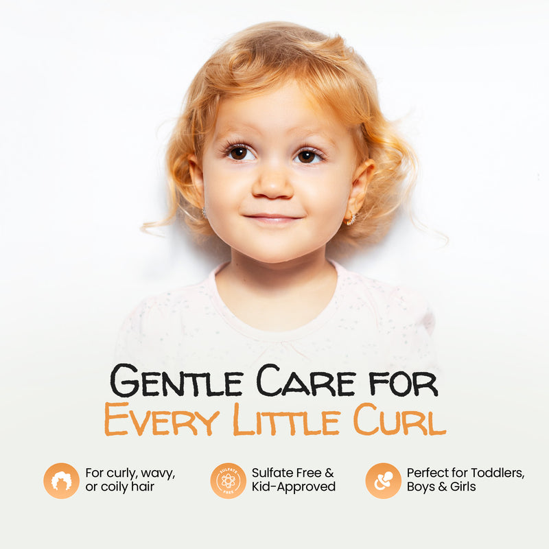 Child with blonde hair and text about gentle care for curls on a white background