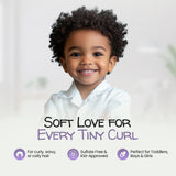 Child with curly hair wearing a white shirt, with text about hair care products.