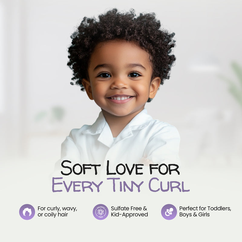 Child with curly hair wearing a white shirt, with text about hair care products.