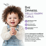 Child with curly hair wearing overalls, promoting a hair care product with text about dryness and happy curls.