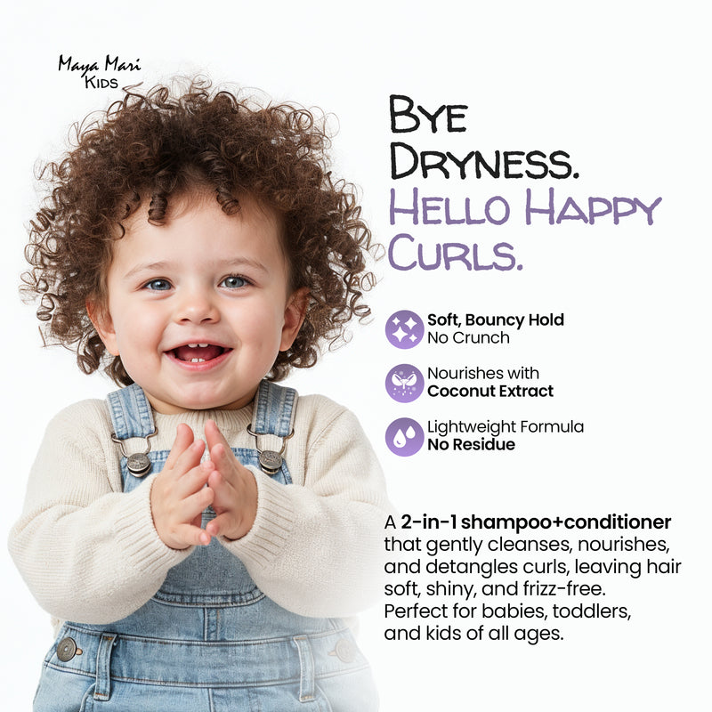 Child with curly hair wearing overalls, promoting a hair care product with text about dryness and happy curls.