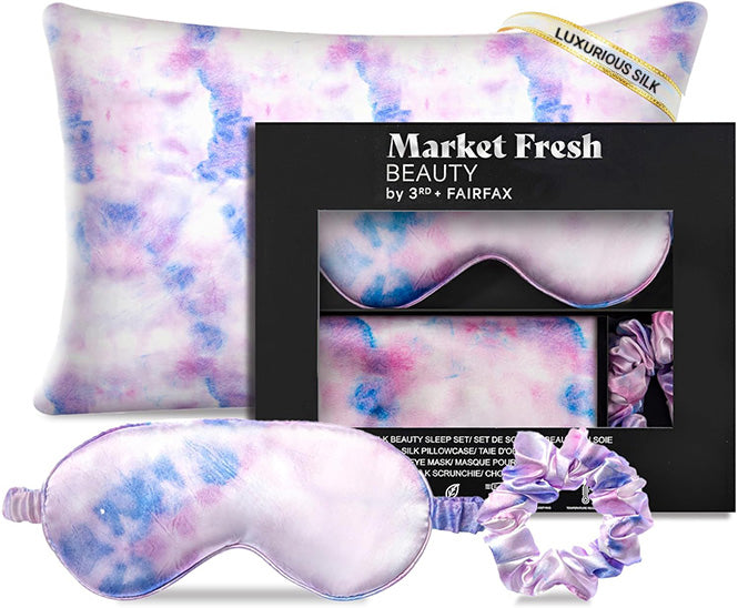 Market Fresh Beauty Mulberry Silk Sleep Set, Pillowcase, Eye Mask and Hair Scrunchie, Silk, Pink, White & Blue