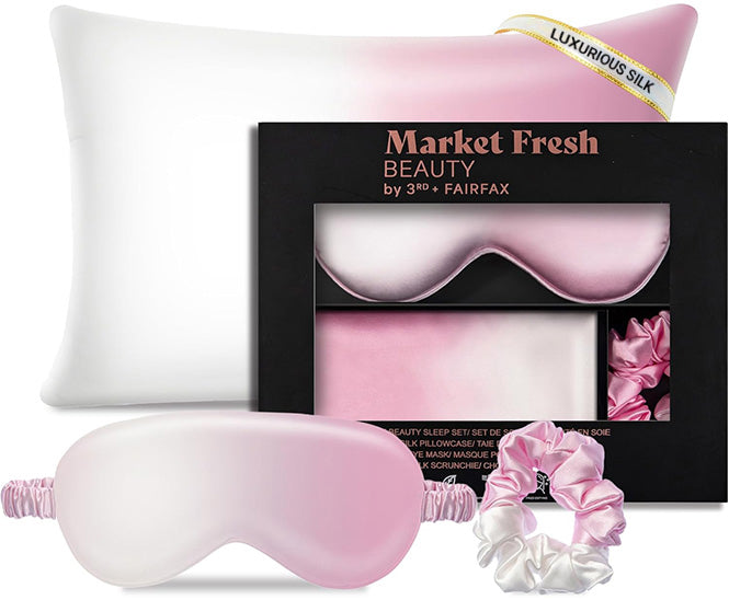 Market Fresh Beauty Mulberry Silk Sleep Set, Pillowcase, Eye Mask and Hair Scrunchie, Silk, Pink & White Gradient