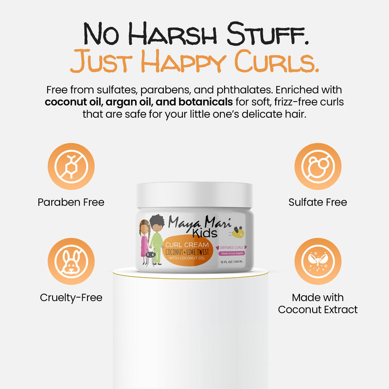 Maya Mari Kids Curl Cream jar with product features on a white background