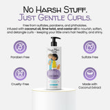 Product packaging with text highlighting gentle ingredients and benefits for children's hair care.