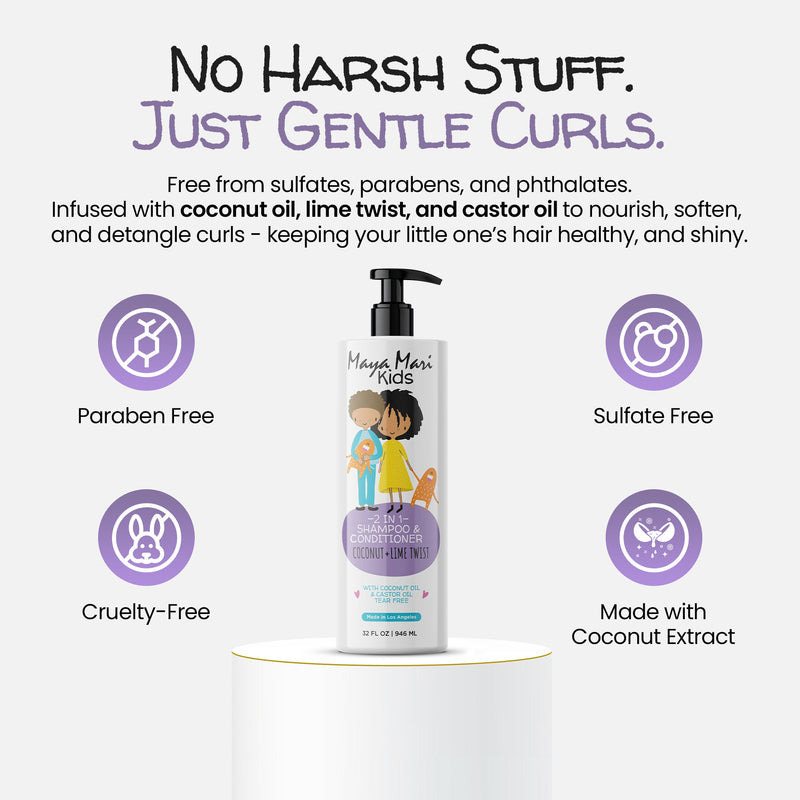Product packaging with text highlighting gentle ingredients and benefits for children's hair care.