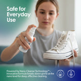Person holding a white sneaker and a spray bottle with text about safe use and cleaning technology.