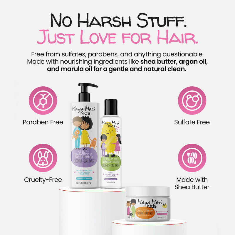 Curly Hair Kids Must Have 3-Piece Set - Kids 2-in-1 Shampoo and Conditioner, Curl Cream, and Leave-In Conditioner Hair Care Los Angeles Brands 