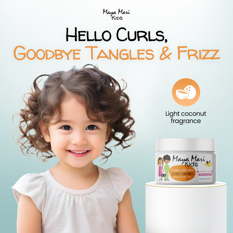 Maya Mari Kids hair care product with a child and text on a light blue bbackground