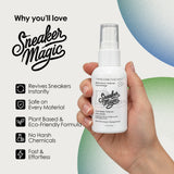 Sneaker Magic spray bottle held in a hand with product features listed on a white background