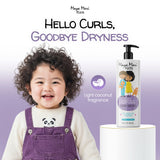 Child with curly hair next to a bottle of Maya Mari Kids shampoo and conditioner on a purple background