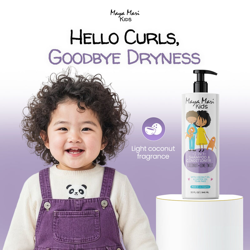 Child with curly hair next to a bottle of Maya Mari Kids shampoo and conditioner on a purple background