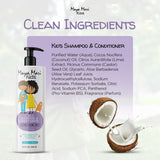 Maya Mari Kids shampoo and conditioner with coconut illustration and ingredient list on a light background
