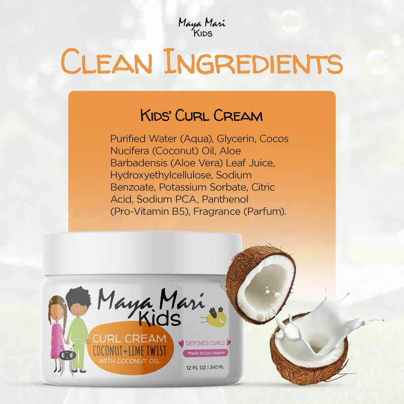 Maya Mari Kids Curl Cream packaging with coconut illustration and ingredient list on a white background