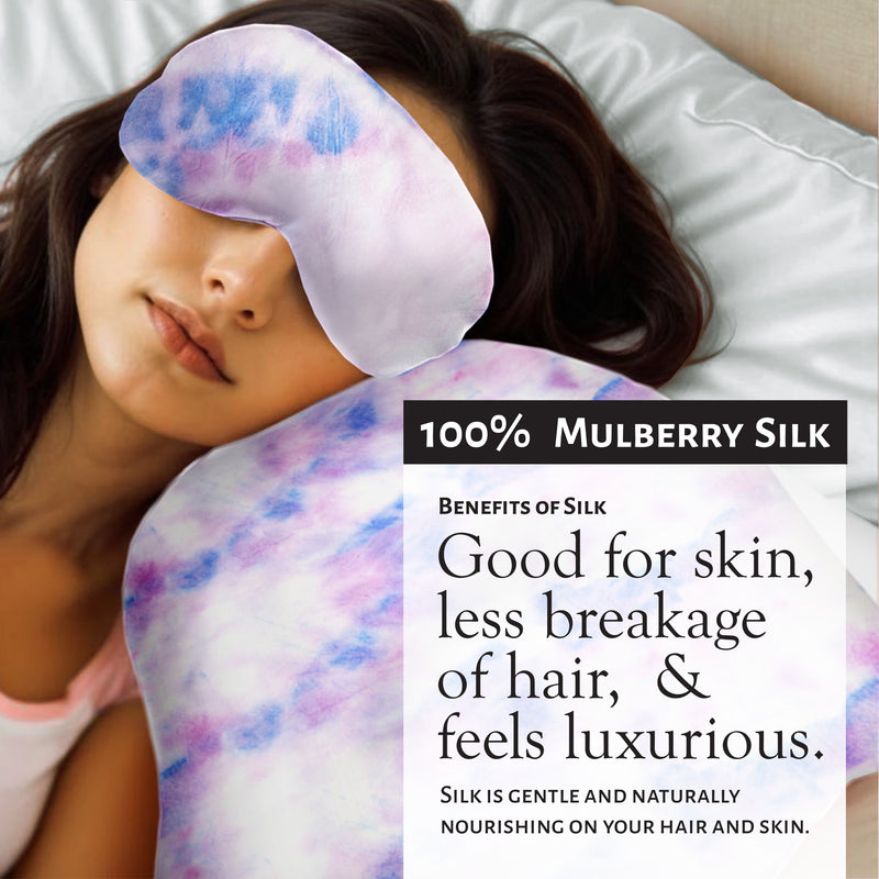 Market Fresh Beauty Silk Sleep Set, Pillowcase, Eye Mask and Hair Scrunchie, 100% Mulberry Silk, Pink, White & Blue