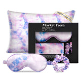 Market Fresh Beauty Silk Sleep Set, Pillowcase, Eye Mask and Hair Scrunchie, 100% Mulberry Silk, Pink, White & Blue