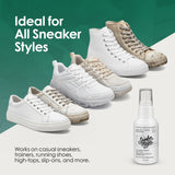 Collection of sneakers with a cleaning spray bottle on a green and white background
