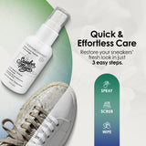 Sneaker care product with a white sneaker, spray bottle, and text about quick care.