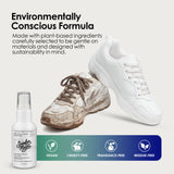 White sneaker with brown dirt next to a spray bottle labeled 'Sneaker Magic' on a light gray background.