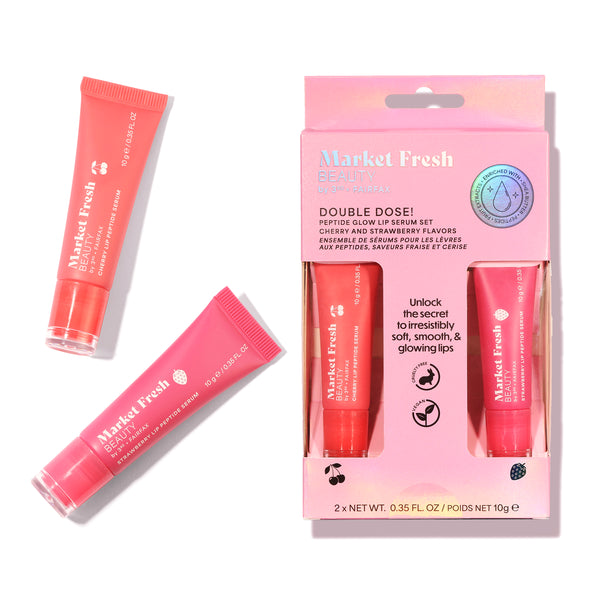 Peptide Glow Lip Serum Set by Market Fresh Beauty - Double Dose Hydrating Lip Care, Cherry & Strawberry Flavors, Vegan, Cruelty-Free, Clean Ingredients, 2 Pack