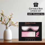 Market Fresh Beauty Silk Sleep Set, Pillowcase, Eye Mask and Hair Scrunchie, 100% Mulberry Silk, Pink & White Gradient