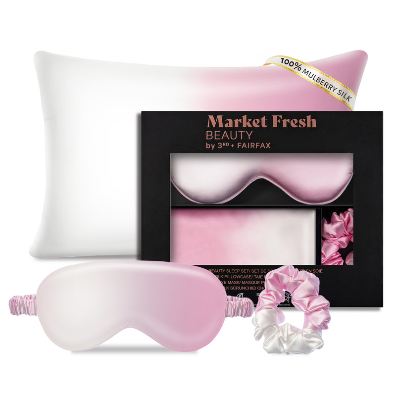 Market Fresh Beauty Silk Sleep Set, Pillowcase, Eye Mask and Hair Scrunchie, 100% Mulberry Silk, Pink & White Gradient