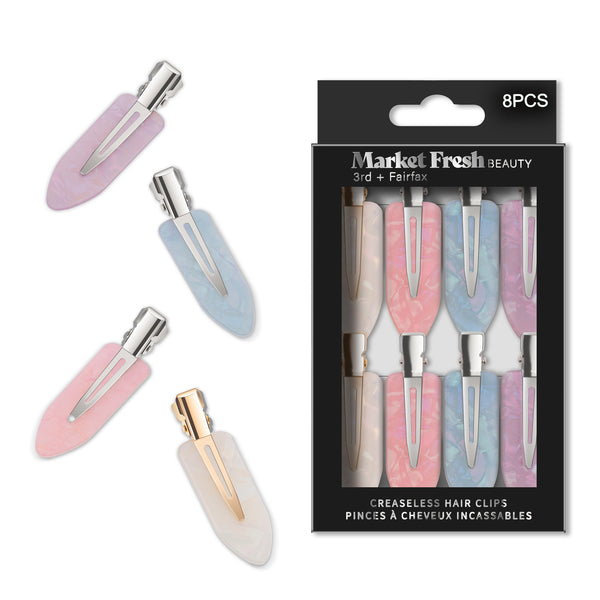 Market Fresh Beauty Creaseless Hair Clips, 8 Pack - No-Crease Hair Styling Clips for Sectioning, All Hair Types, Heat Styling & Makeup Application - White, Pink, and Pearl Clips, Non-Slip & Durable Design