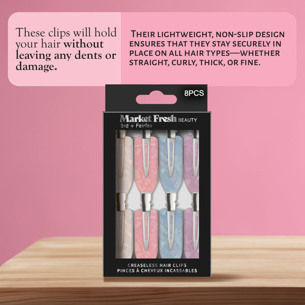 Market Fresh Beauty Creaseless Hair Clips, 8 Pack - No-Crease Hair Styling Clips for Sectioning, All Hair Types, Heat Styling & Makeup Application - White, Pink, and Pearl Clips, Non-Slip & Durable Design