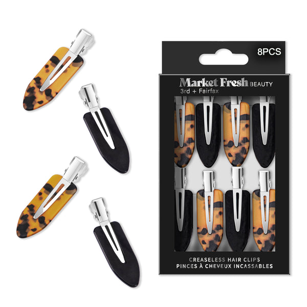 Market Fresh Beauty Creaseless Hair Clips, 8 Pack - No-Crease Hair Styling Clips for Sectioning, All Hair Types, Heat Styling & Makeup Application - Tortoise & Black Clips, Non-Slip & Durable Design