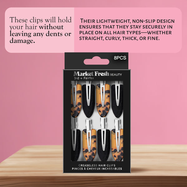 Market Fresh Beauty Creaseless Hair Clips, 8 Pack - No-Crease Hair Styling Clips for Sectioning, All Hair Types, Heat Styling & Makeup Application - Tortoise & Black Clips, Non-Slip & Durable Design