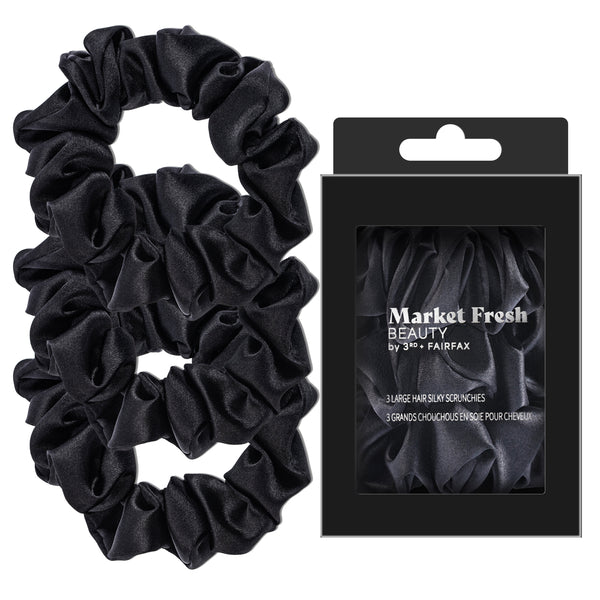 Market Fresh Beauty 100% Mulberry Silk Hair Scrunchies, 3 Pack - Large Silk Scrunchies for All Hair Types, Prevents Hair Breakage & Crease-Free Styling - Luxurious Black