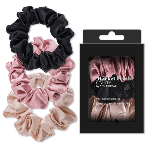 Market Fresh Beauty 100% Mulberry Silk Hair Scrunchies, 3 Pack - Large Silk Scrunchies for All Hair Types, Prevents Hair Breakage & Crease-Free Styling - Luxurious Soft Pink, Beige, and Black