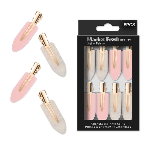 Market Fresh Beauty Creaseless Hair Clips, 8 Pack - No-Crease Hair Styling Clips for Sectioning, All Hair Types, Heat Styling & Makeup Application - Pink & Opal Clips, Non-Slip & Durable Design