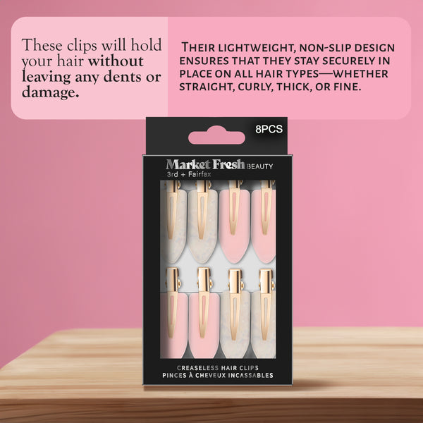 Market Fresh Beauty Creaseless Hair Clips, 8 Pack - No-Crease Hair Styling Clips for Sectioning, All Hair Types, Heat Styling & Makeup Application - Pink & Opal Clips, Non-Slip & Durable Design