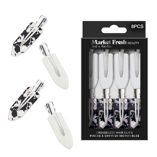 Market Fresh Beauty Creaseless Hair Clips, 8 Pack - No-Crease Hair Styling Clips for Sectioning, All Hair Types, Heat Styling & Makeup Application - White & Marble Clips, Non-Slip & Durable Design