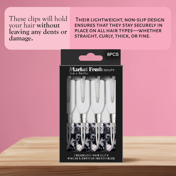 Market Fresh Beauty Creaseless Hair Clips, 8 Pack - No-Crease Hair Styling Clips for Sectioning, All Hair Types, Heat Styling & Makeup Application - White & Marble Clips, Non-Slip & Durable Design