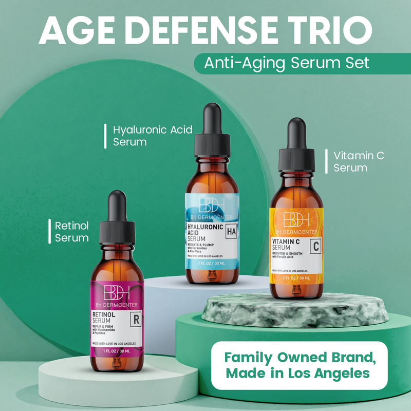 BH Dermcenter Age Defense Trio Anti-Aging Serum Set for Face and Eyes - Vitamin C, Retinol, Hyaluronic Acid Face Serum for Men and Women - 30ml Each - Paraben Free, Cruelty Free