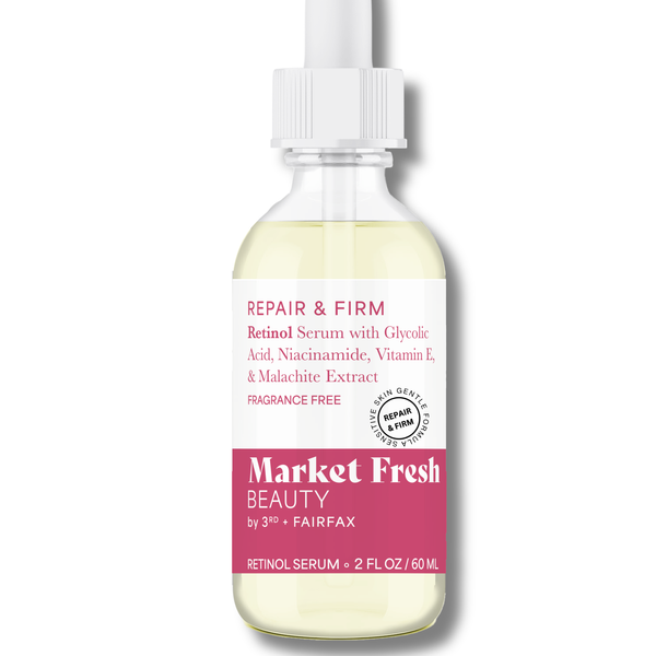 Market Fresh Beauty Retinol Repair & Firm Serum with Niacinamide, Glycolic, Ferulic Acid | Fragrance-Free | 2 fl oz