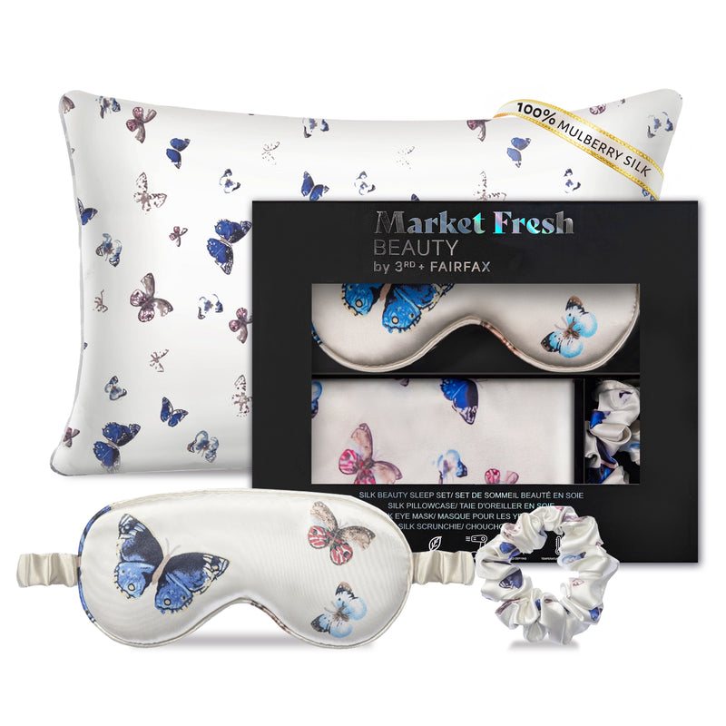 Market Fresh Beauty 100% Mulberry Silk Pillow Case, Silk Eye Mask and Silk Scrunchie