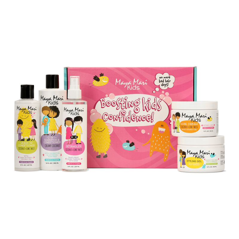 Maya Mari Kids All-in-One Essential Hair Set | 2 in 1 Kids Shampoo and Conditioner, Curl Cream, Leave-in Conditioner, Hair Gel, & Detangler Spray - 5 Piece Set Haircare