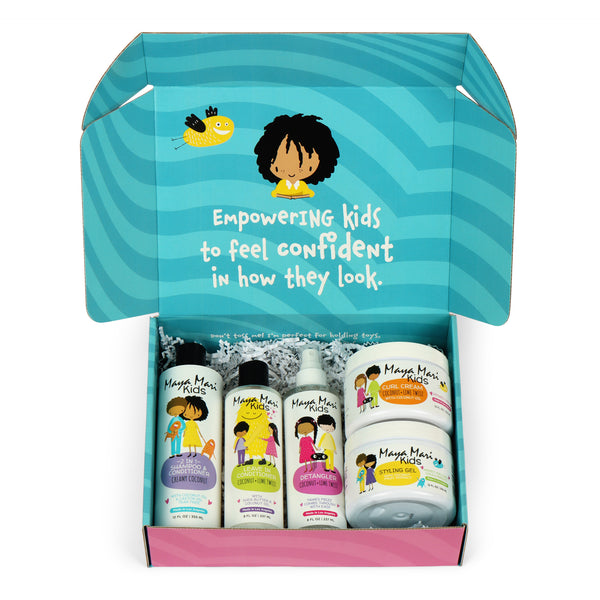 Maya Mari Kids All-in-One Essential Hair Set | 2 in 1 Kids Shampoo and Conditioner, Curl Cream, Leave-in Conditioner, Hair Gel, & Detangler Spray - 5 Piece Set Haircare