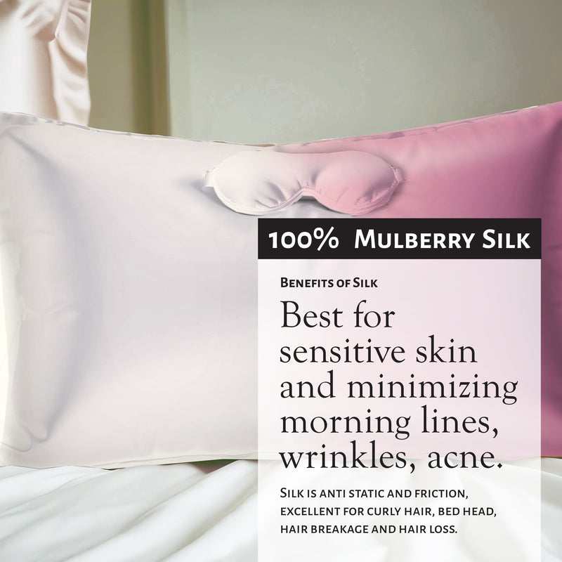 Market Fresh Beauty Silk Sleep Set, Pillowcase, Eye Mask and Hair Scrunchie, 100% Mulberry Silk, Pink & White Gradient